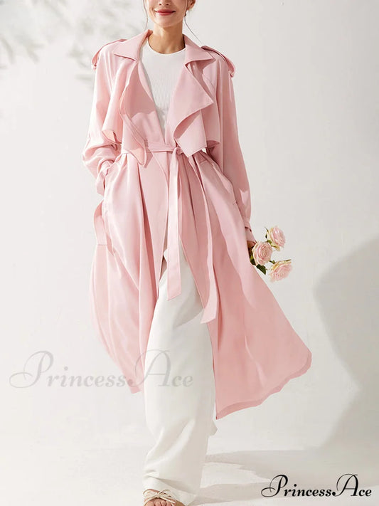 Spring Autumn Long Sweet Thin Flowy Pink Sashes High Quality Luxury Designer Stylish Coat