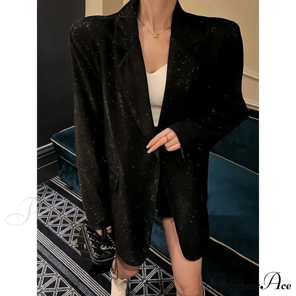 Spring Autumn Silver Sequin Oversized Office Lady Elegant Party Blazer