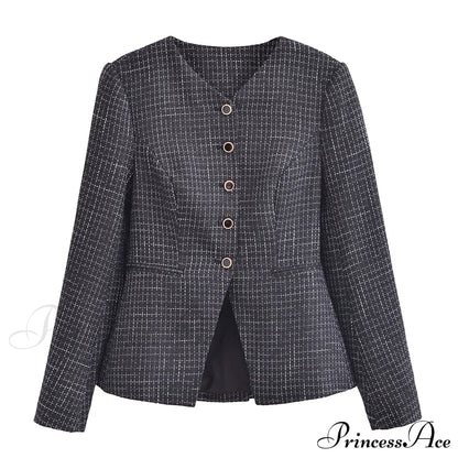 Spring V Collar White Plaid Woven Tweed Slim Waist Single-Breasted Button Slit Blazer