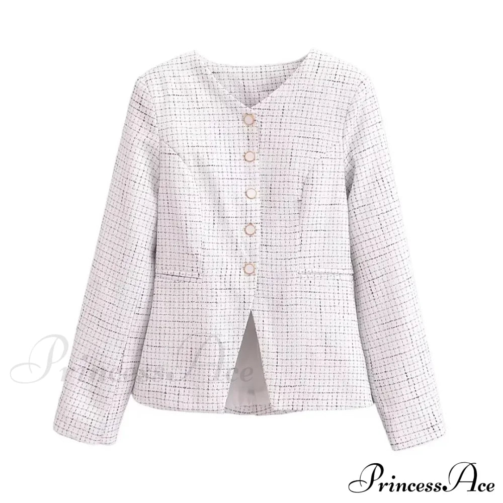 Spring V Collar White Plaid Woven Tweed Slim Waist Single-Breasted Button Slit Blazer