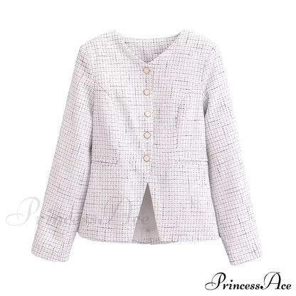 Spring V Collar White Plaid Woven Tweed Slim Waist Single-Breasted Button Slit Blazer