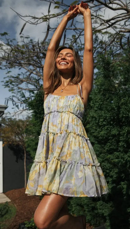 Square Collar Suspender Floral Dress