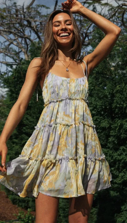 Square Collar Suspender Floral Dress
