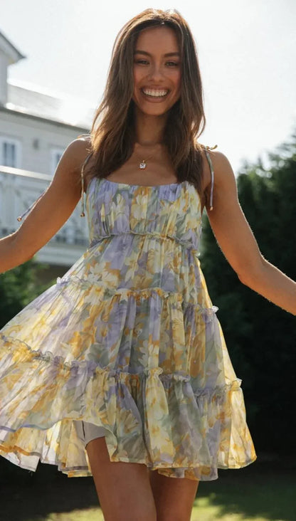 Square Collar Suspender Floral Dress