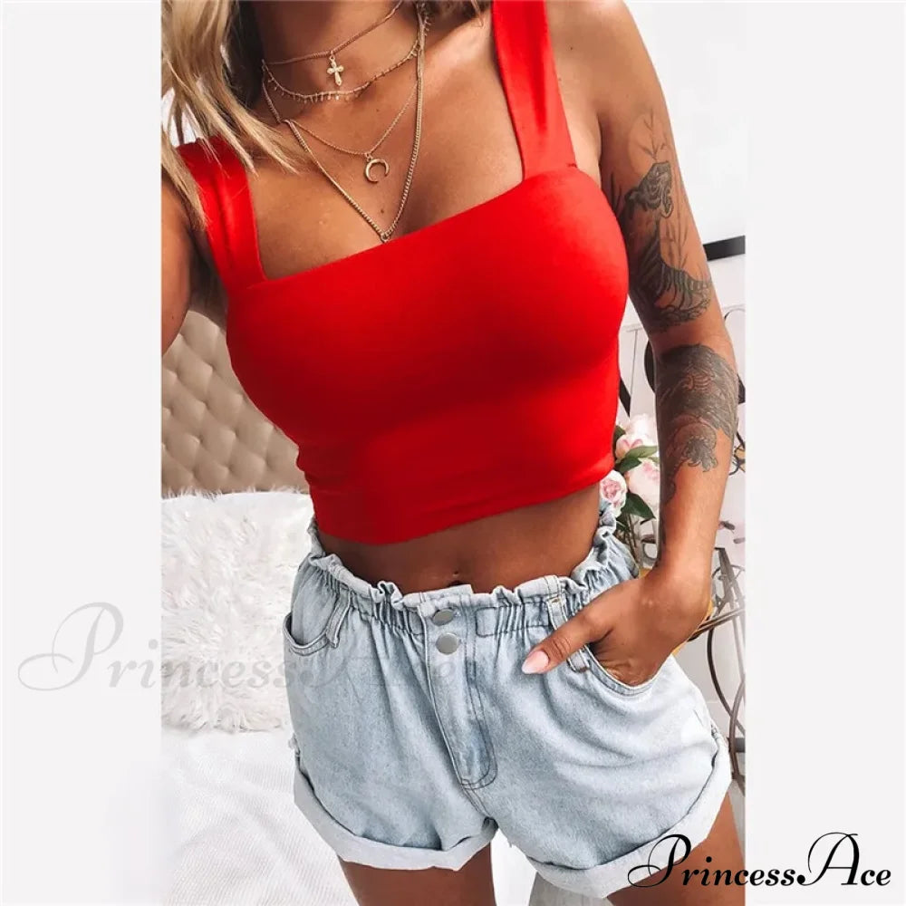 Square Neck Sleeveless Summer Crop Women Black Casual Basic T Shirt Off Shoulder Cami Sexy Backless Tank top