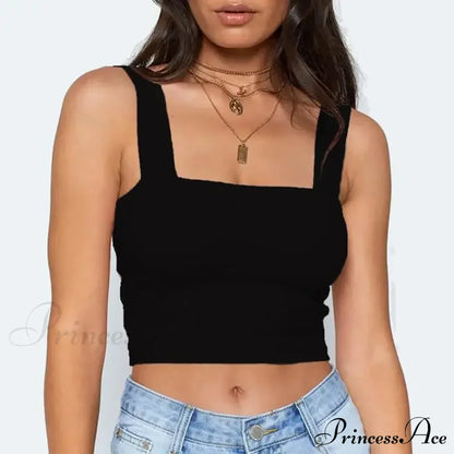 Square Neck Sleeveless Summer Crop Women Black Casual Basic T Shirt Off Shoulder Cami Sexy Backless Tank top