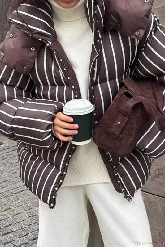 Stand Collar Striped Hooded Warm Quilted Coat