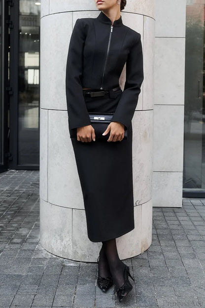 Stand Collar Zipper Slim Fit Long Sleeve Split Two Piece Set
