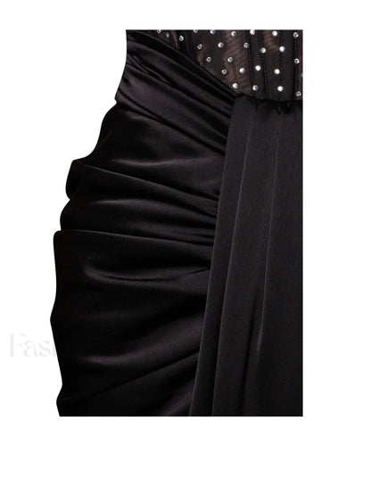 Stella Black Off Shoulder Graceful Crystal Corset Satin Gown