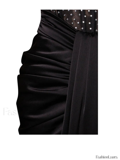 Stella Black Off Shoulder Graceful Crystal Corset Satin Gown