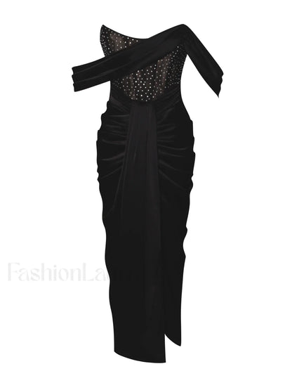 Stella Black Off Shoulder Graceful Crystal Corset Satin Gown