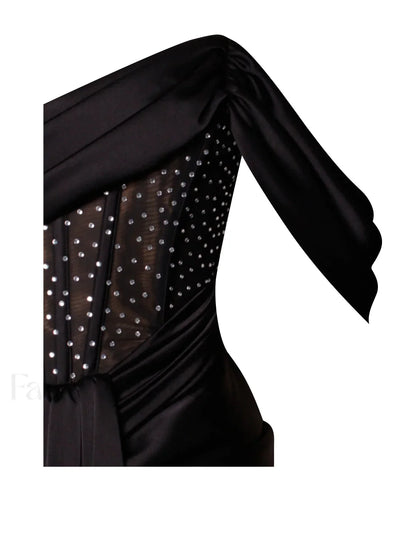 Stella Black Off Shoulder Graceful Crystal Corset Satin Gown