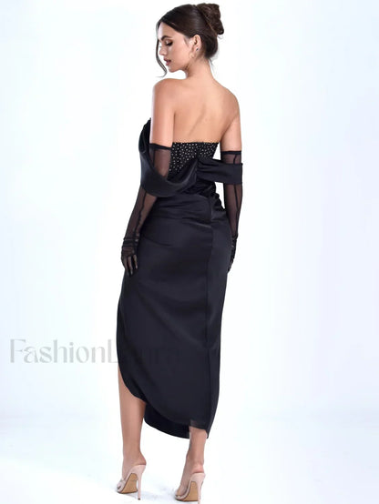 Stella Black Off Shoulder Graceful Crystal Corset Satin Gown