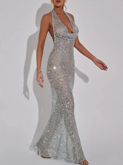 Sequin Deep V-Neck Sleeveless Mermaid Maxi Gown