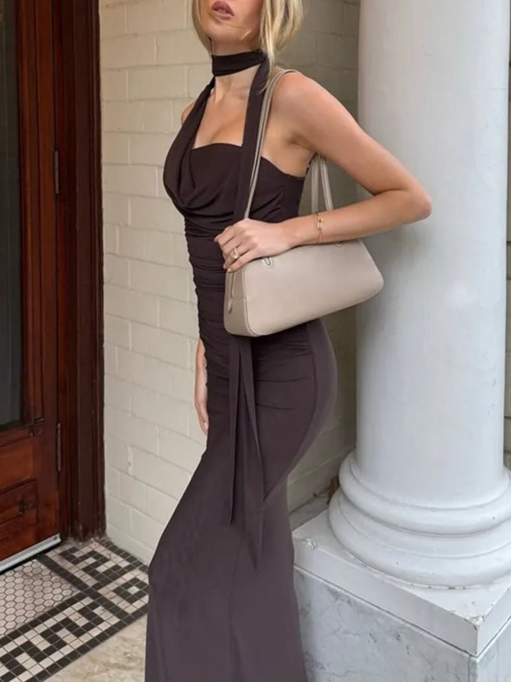 Ruched Cowl Neck Halter Scarf Detail Column Bodycon Maxi Dress