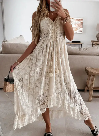 Strap Sleeveless Deep V-neck Tassel Lace Maxi White Boho Dress