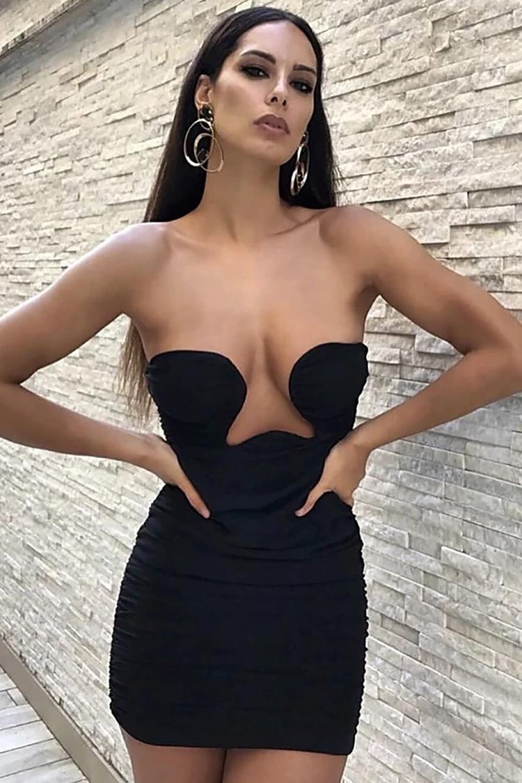 Plunging V-Neck Strapless Ruched Bodycon Mini Dress