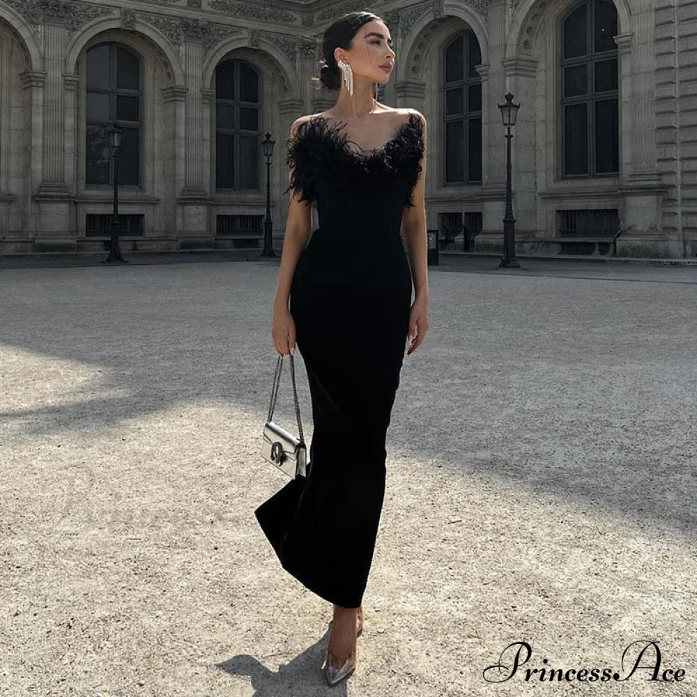 Strapless Feather Evening Sexy Corset Bodycon Midi Dress