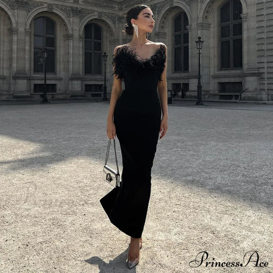 Strapless Feather Evening Sexy Corset Bodycon Midi Dress