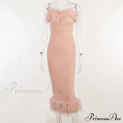 Strapless Feather Evening Sexy Corset Bodycon Midi Dress