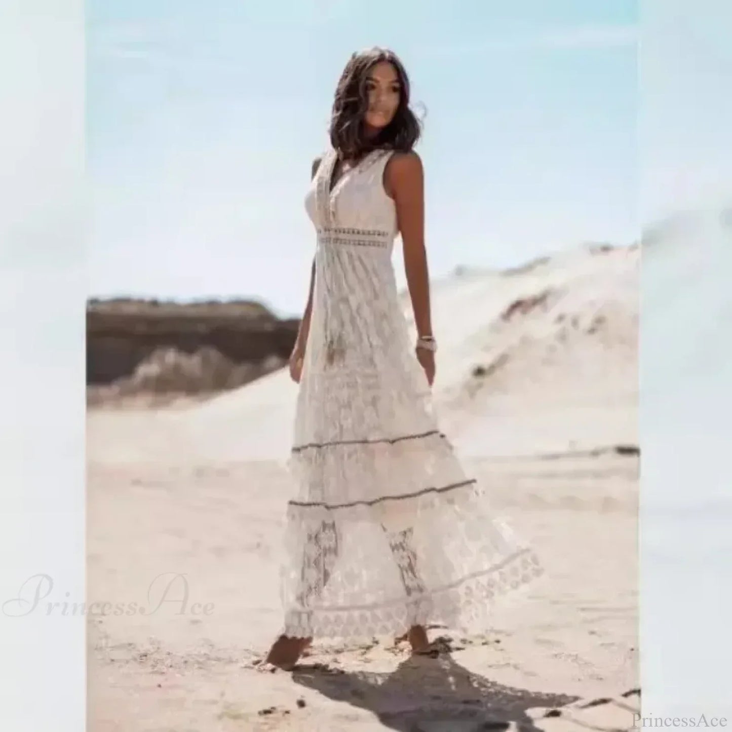 Strapless Lace Up Tassel Splicing Summer Maxi Boho Dress