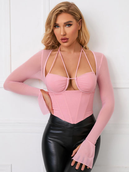 Tie Back Split Cuff Ruched Mesh Top