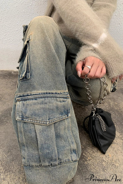Street Denim Patchwork Pocket Cargo Pants