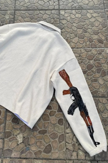 Street-Inspired Oversized Gun Graphic Letter Sweatshirt