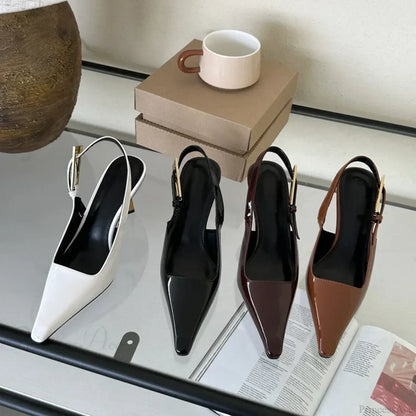 Street Style Sexy Pointed Metal Buckle Strap Slingback Square Toe Low Heel Pump