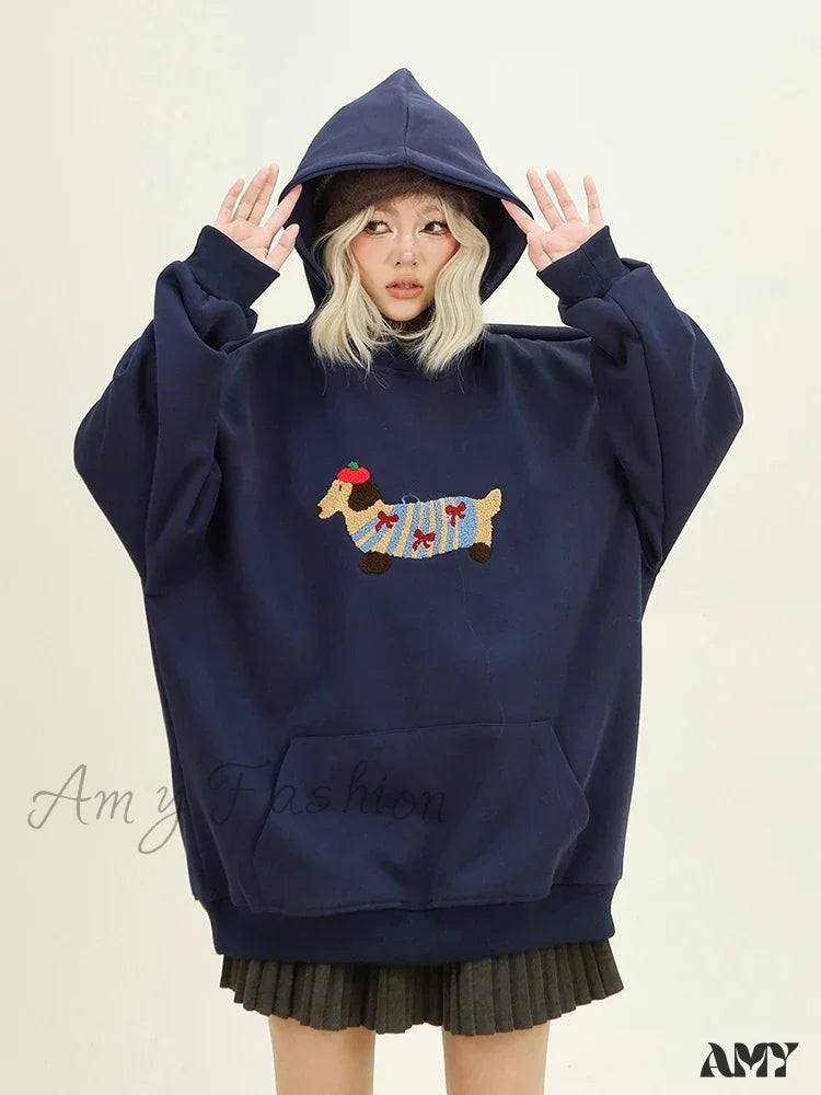 Streetwear Casual Loose Autumn Winter Cartoon Embroidery Hoodie