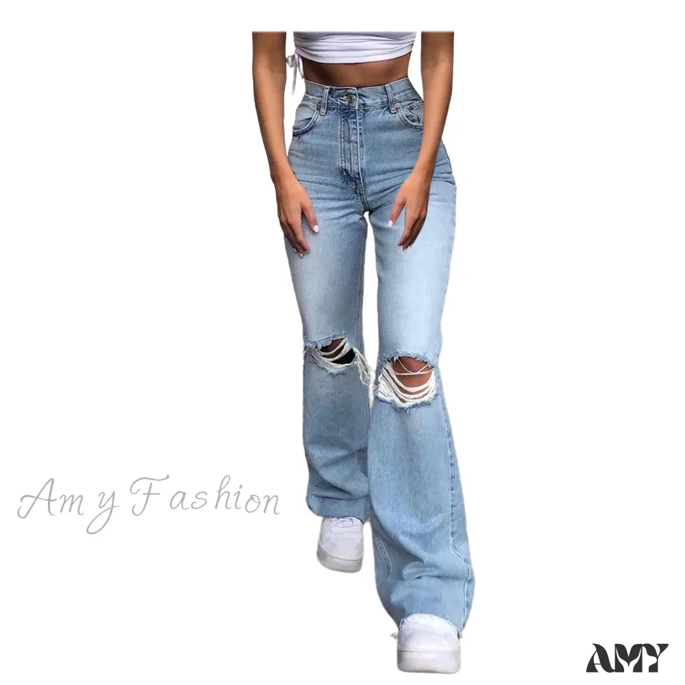 Streetwear Hollow Out Ripped Ragged High Waist Solid Color Retro Wide Leg Y2K Flare Jean