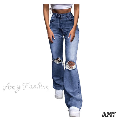 Streetwear Hollow Out Ripped Ragged High Waist Solid Color Retro Wide Leg Y2K Flare Jean
