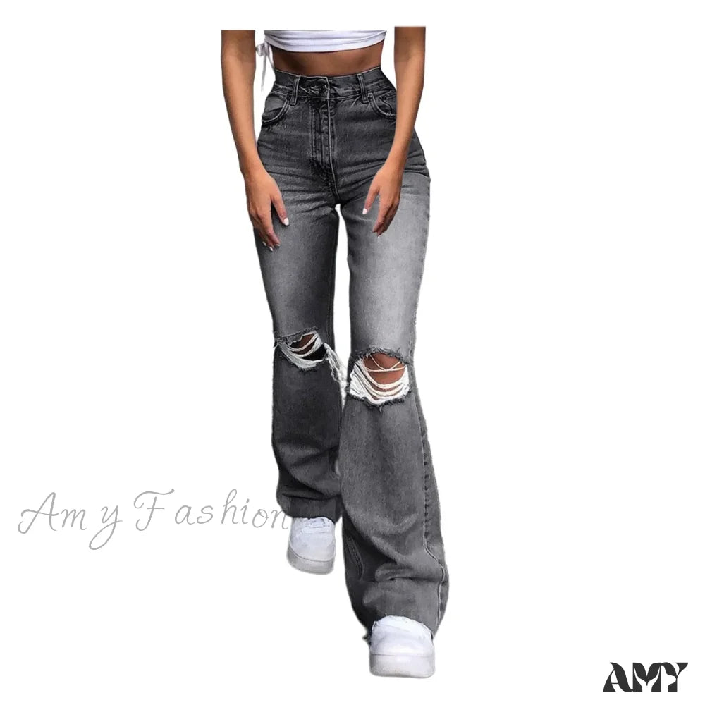 Streetwear Hollow Out Ripped Ragged High Waist Solid Color Retro Wide Leg Y2K Flare Jean