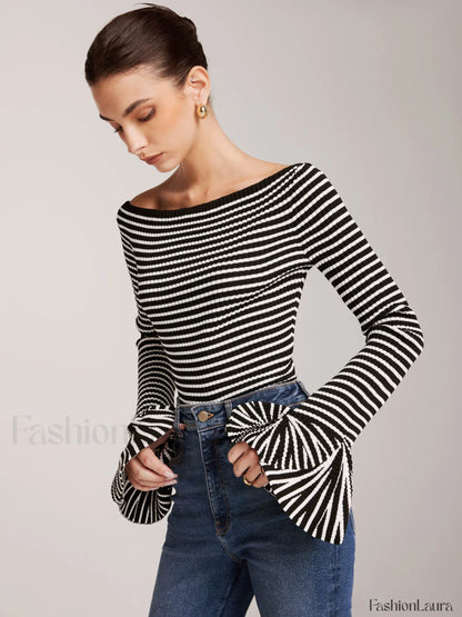 Striped Ruffle-Sleeve Knit Top