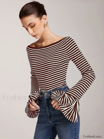 Striped Ruffle-Sleeve Knit Top
