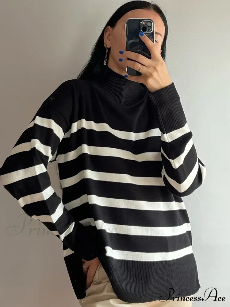Striped Turtleneck Knitted Cozy Stylish Long Sleeve Comfortable Casual Warm Sweater