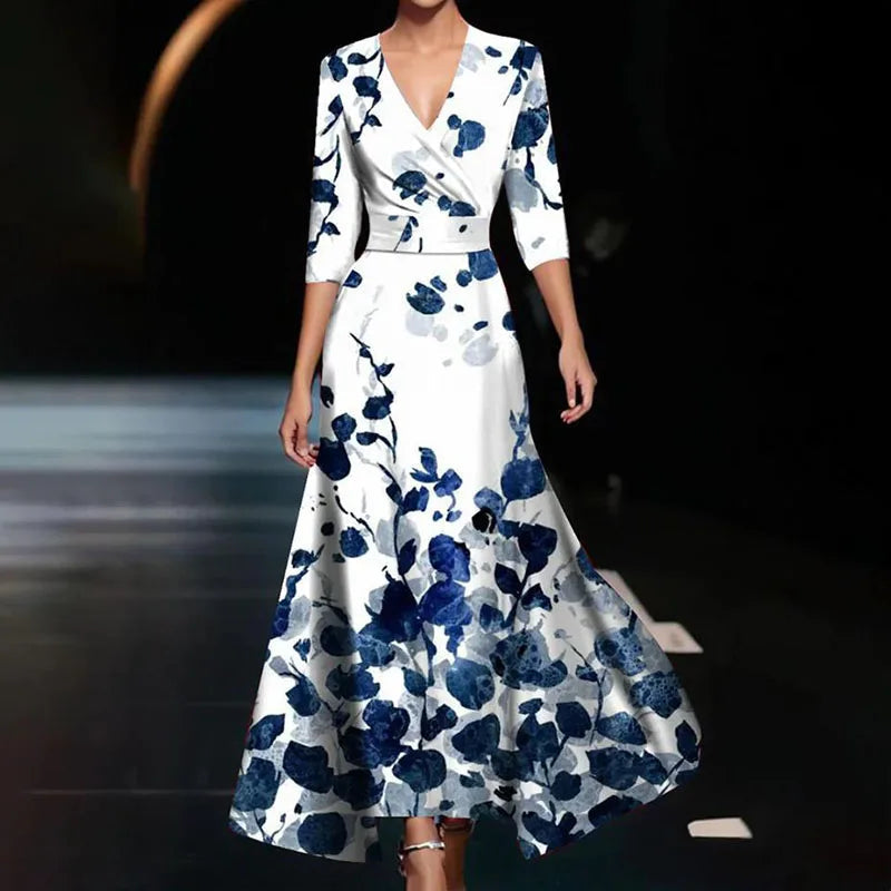 Satin Large Floral Print Wrap V-Neck Three-Quarter Sleeve Belted Maxi Dress