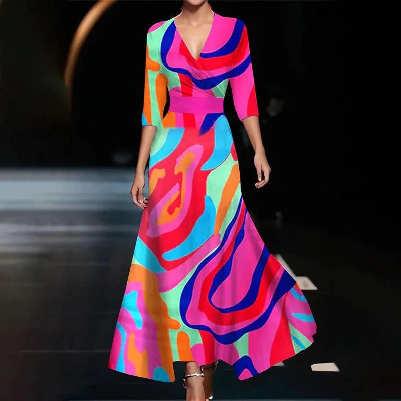Satin Large Floral Print Wrap V-Neck Three-Quarter Sleeve Belted Maxi Dress