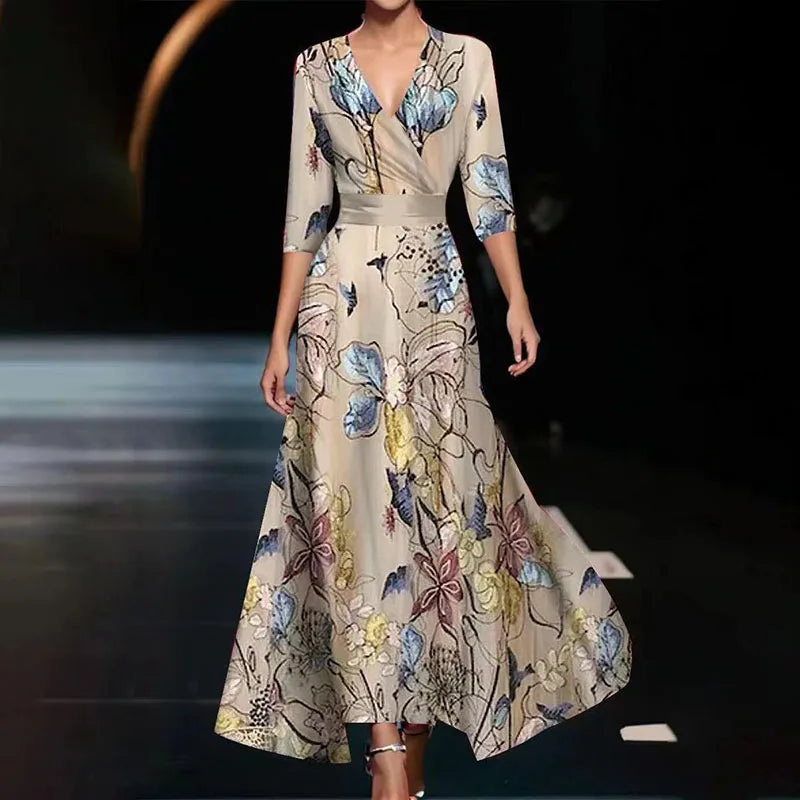 Satin Large Floral Print Wrap V-Neck Three-Quarter Sleeve Belted Maxi Dress