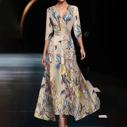 Satin Large Floral Print Wrap V-Neck Three-Quarter Sleeve Belted Maxi Dress