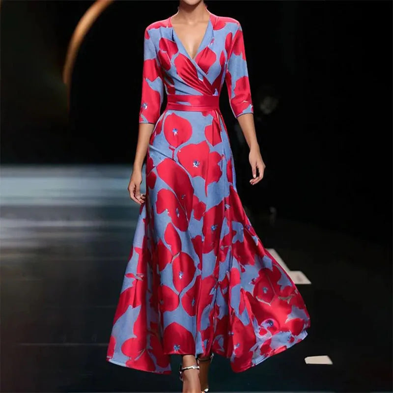 Satin Large Floral Print Wrap V-Neck Three-Quarter Sleeve Belted Maxi Dress