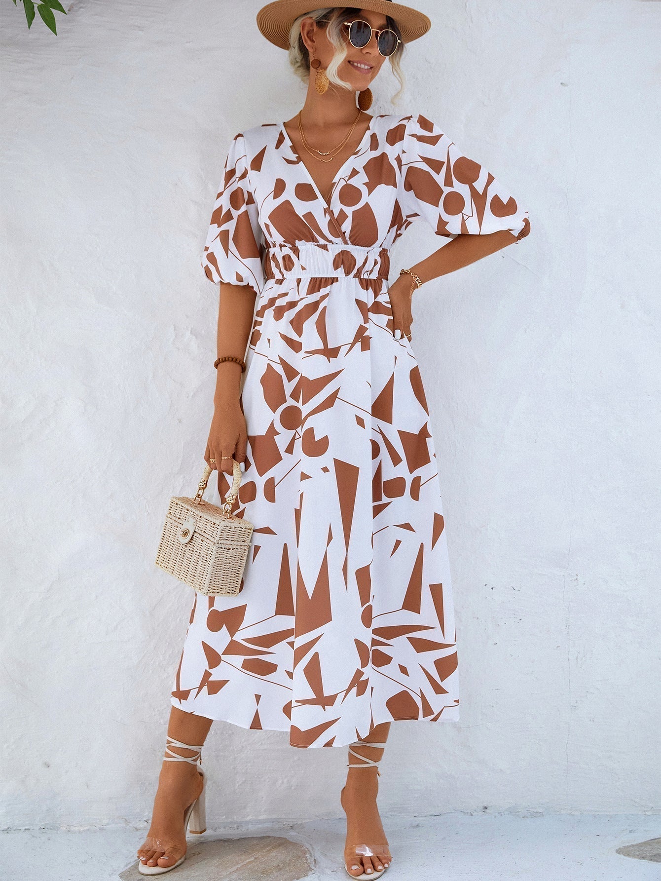Abstract Geometric Print Surplice V-Neck Puff Sleeve High-Waist A-Line Midi Dress