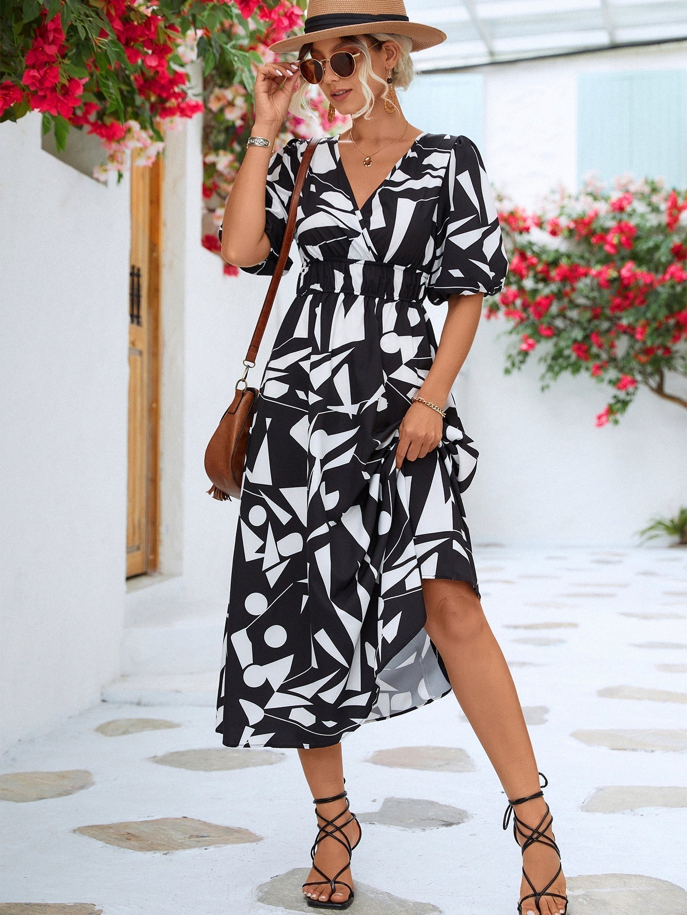 Abstract Geometric Print Surplice V-Neck Puff Sleeve High-Waist A-Line Midi Dress