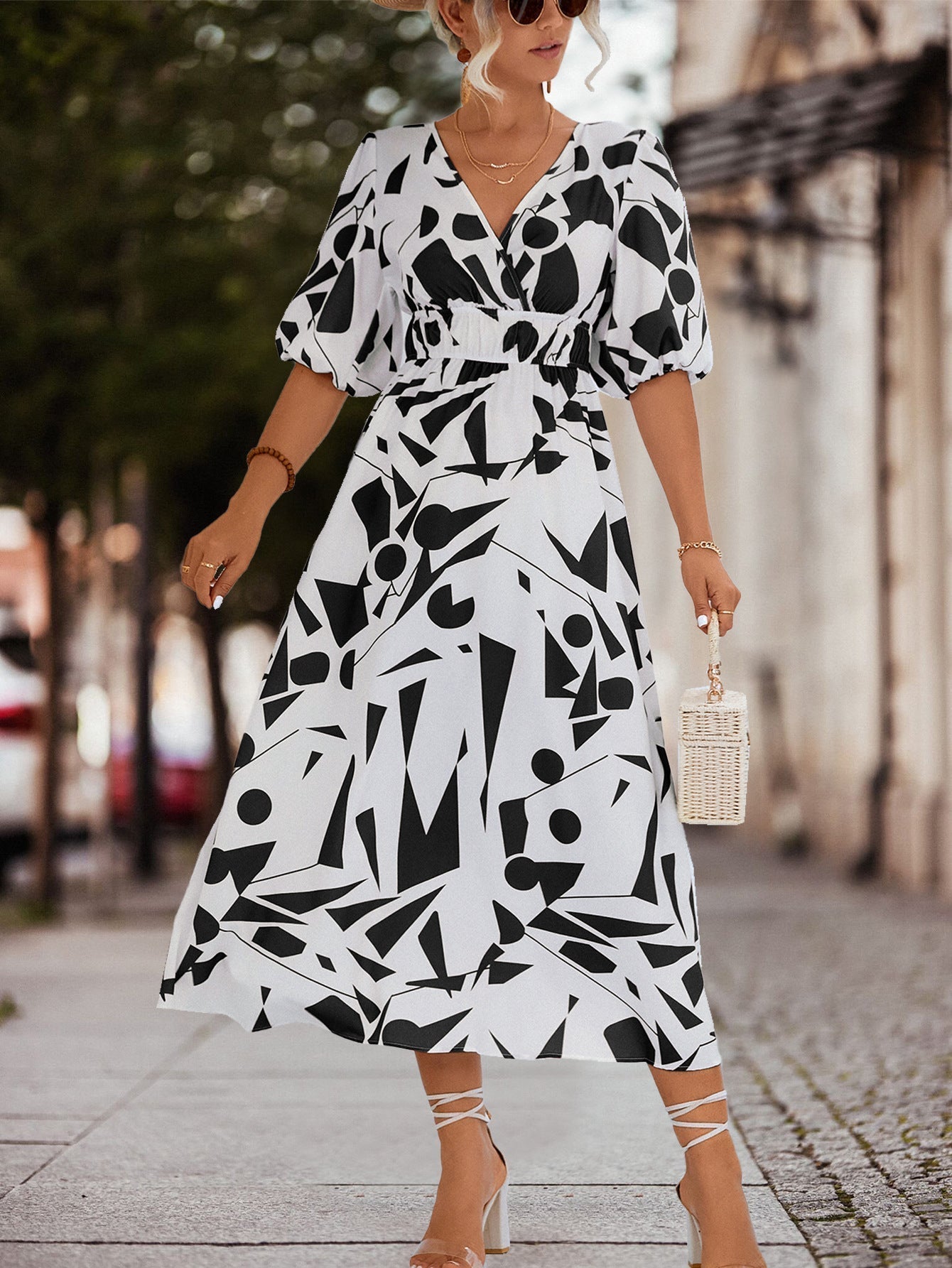Abstract Geometric Print Surplice V-Neck Puff Sleeve High-Waist A-Line Midi Dress