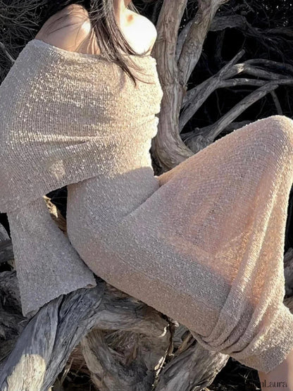 Stylish Knitted Sheer Beach Hollow Out Off-Shoulder Elegant Long Sleeve Maxi Dress