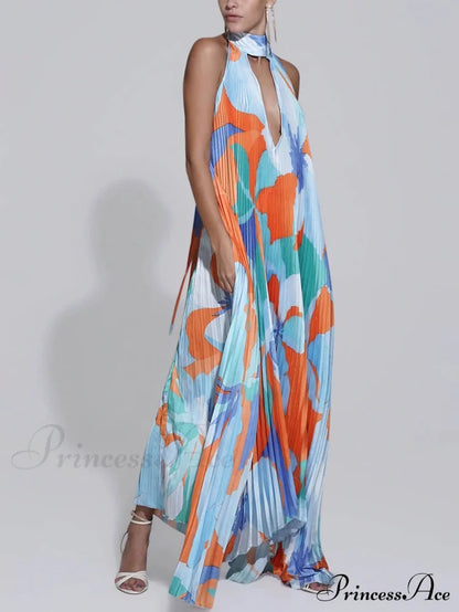 Stylish Pleated Halterneck Charming Strappy Backless Midi Dress