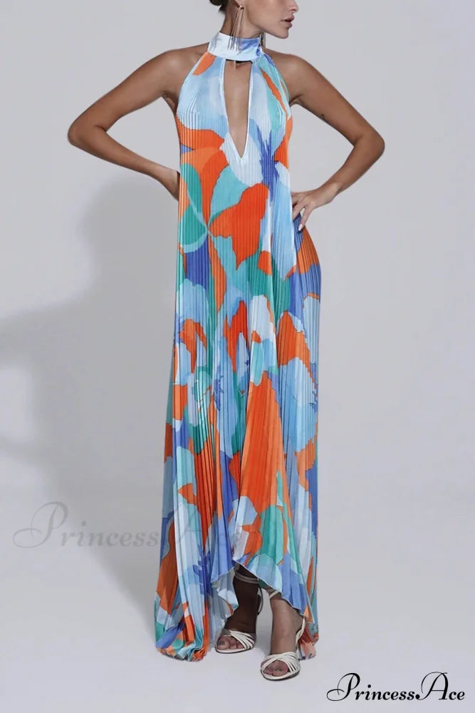 Stylish Pleated Halterneck Charming Strappy Backless Midi Dress