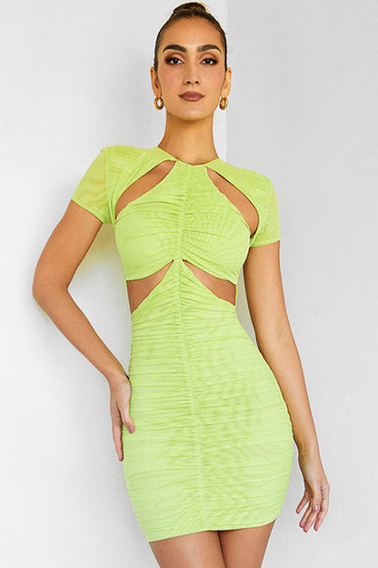 Mesh Ruched Short Sleeve Triangle Cut Out Bodycon Mini Dress