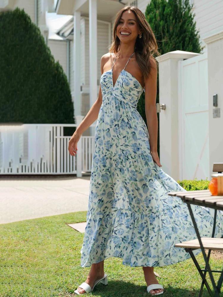 Halter Deep V-Neck Ruched Bodice Tiered Floral Print Maxi Dress