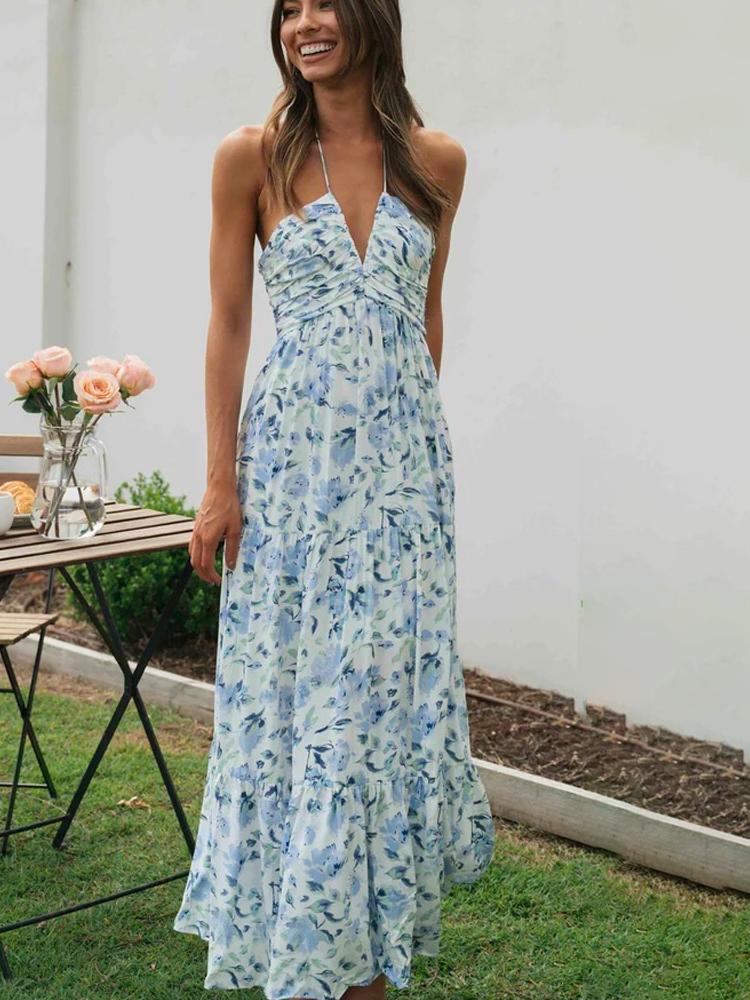 Halter Deep V-Neck Ruched Bodice Tiered Floral Print Maxi Dress